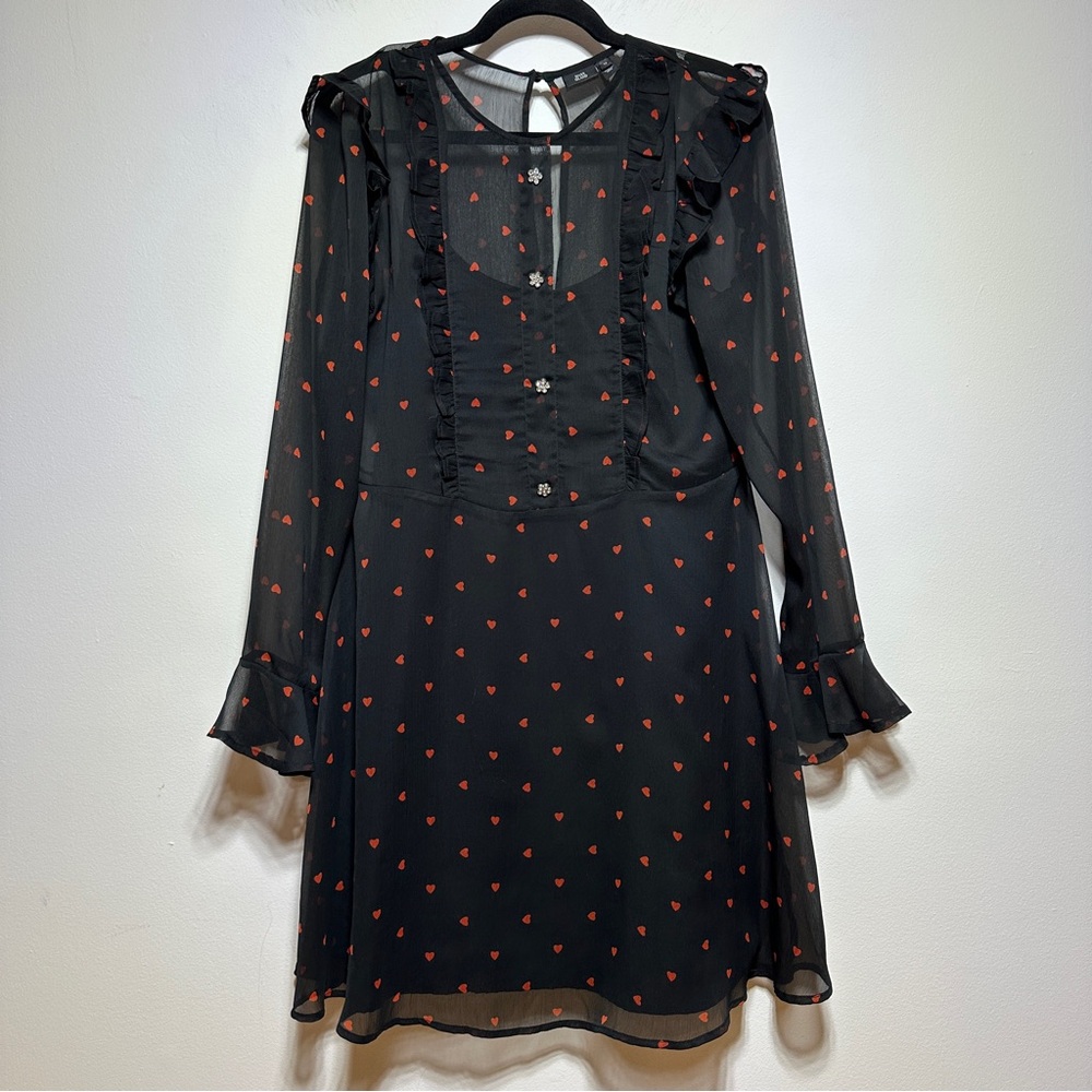 RIVER ISLAND Heart Print Sheer Mesh Dress Black Red Ruffle Mini Size M